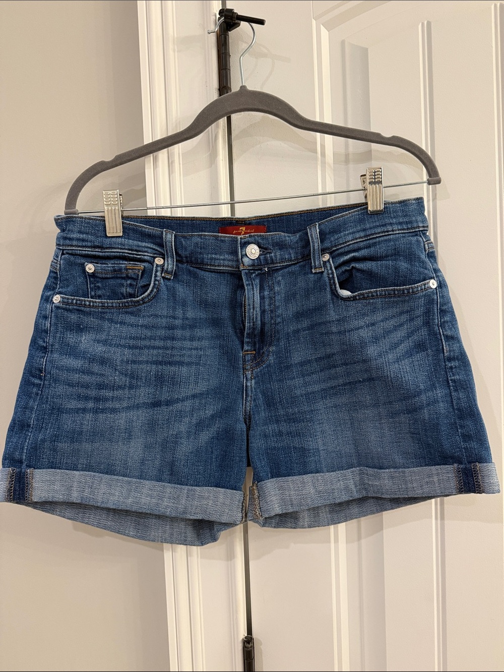 7 For All Mankind Dark Blue Rolled Hem Denim Shorts